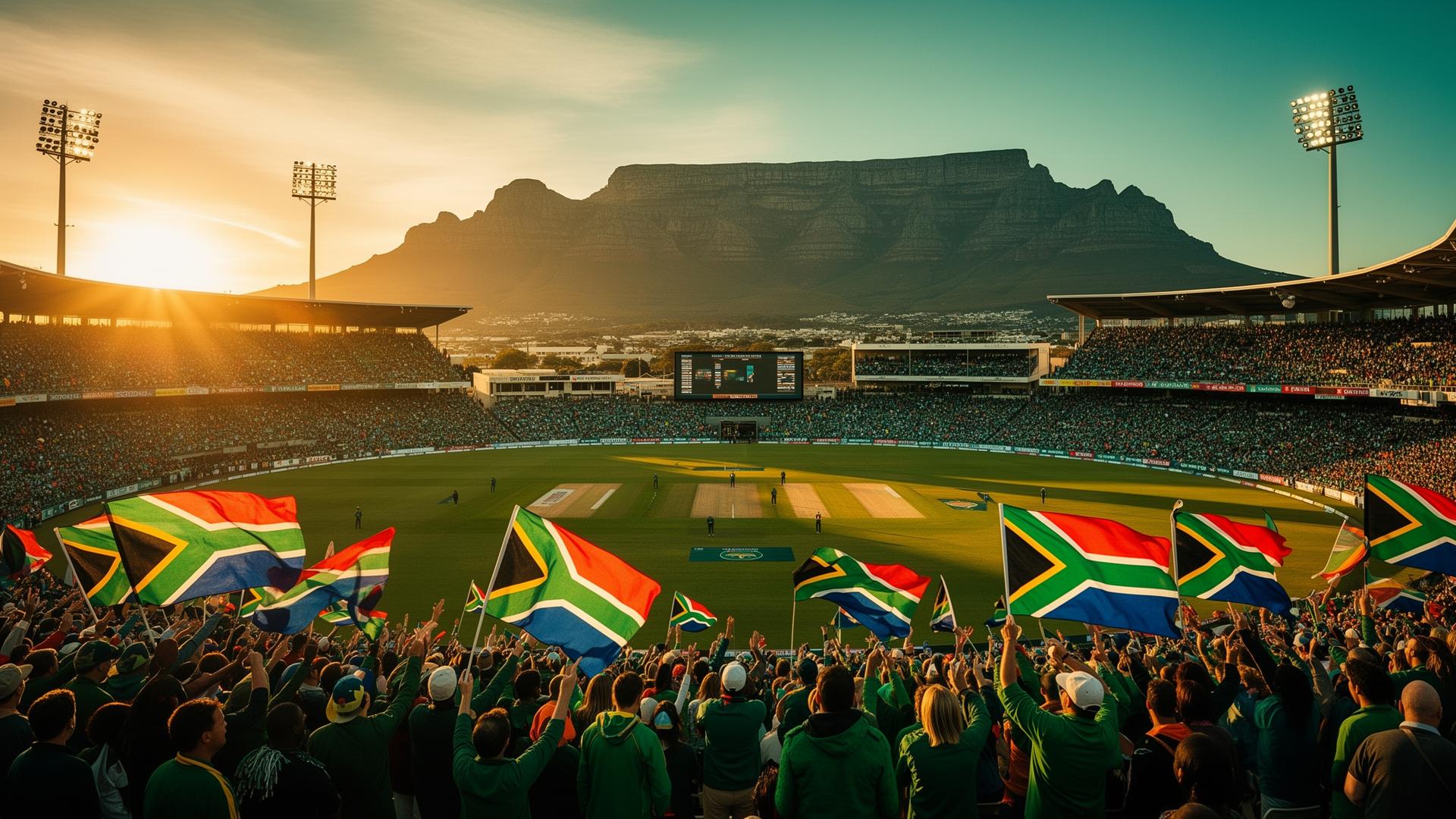 Cricket stadium at sunset with Table Mountain backdrop and South African flags